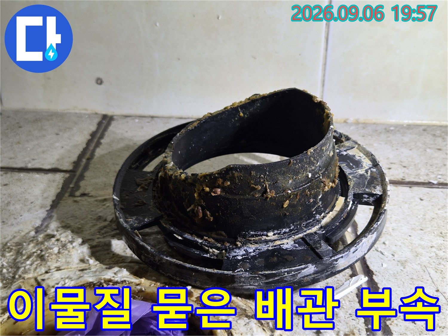 오염된 검은색 배수구 부속과 주변 타일 상태