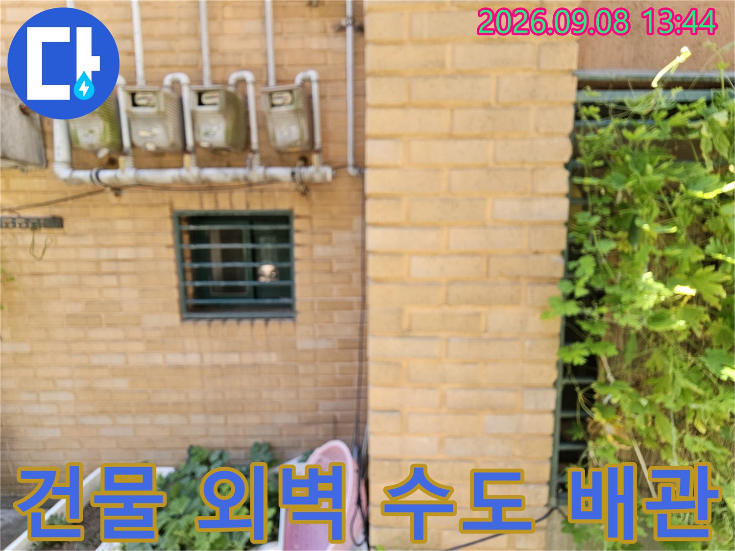 갈현동 건물 외벽 벽돌 사이에 설치된 수도 계량기와 외부 배관입니다.