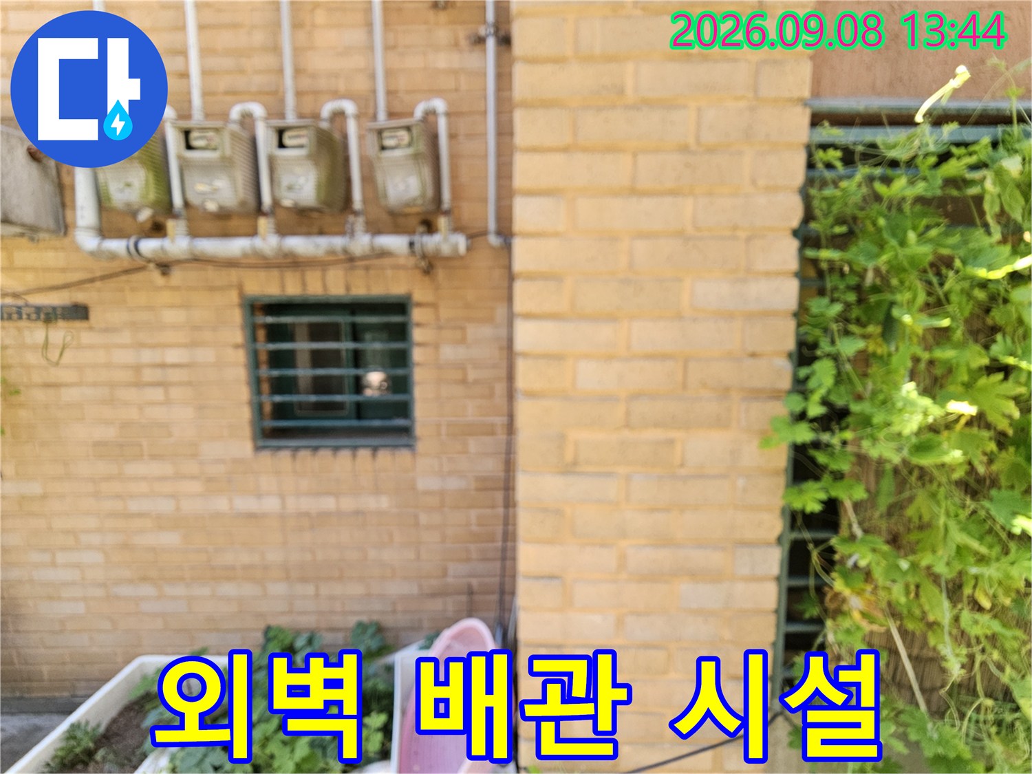 갈현동 주택 외벽의 수도 계량기 및 외부 노출 배관 모습