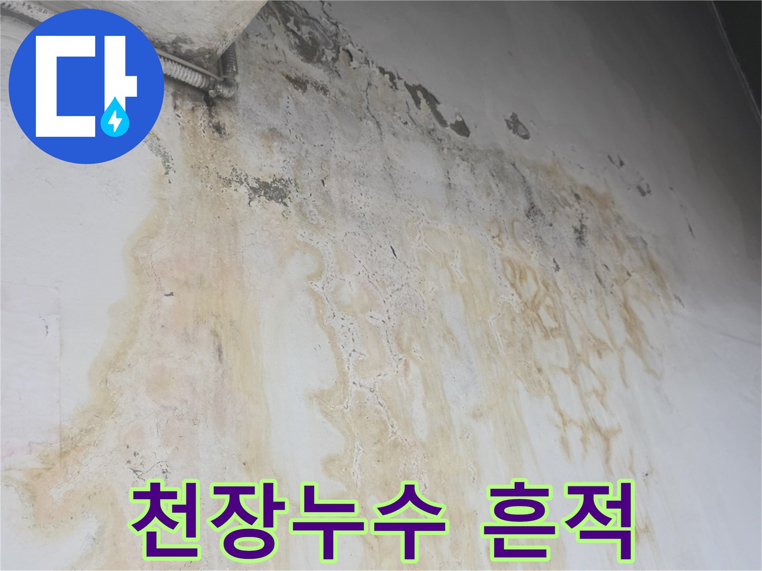 천장 구조물을 타고 흘러내린 누수 자국과 백화 현상