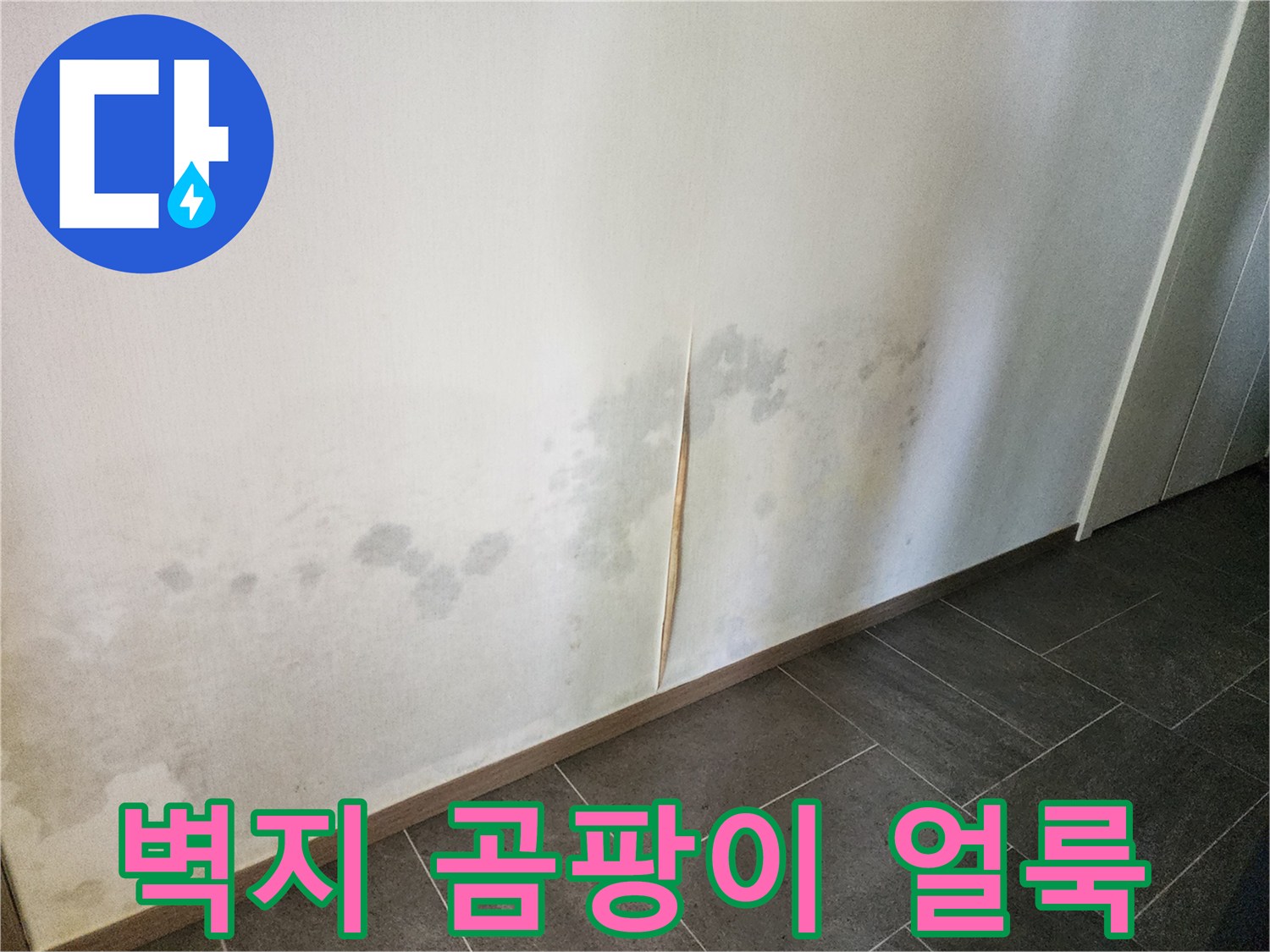 누수 피해를 입어 변색되고 곰팡이가 생긴 벽면