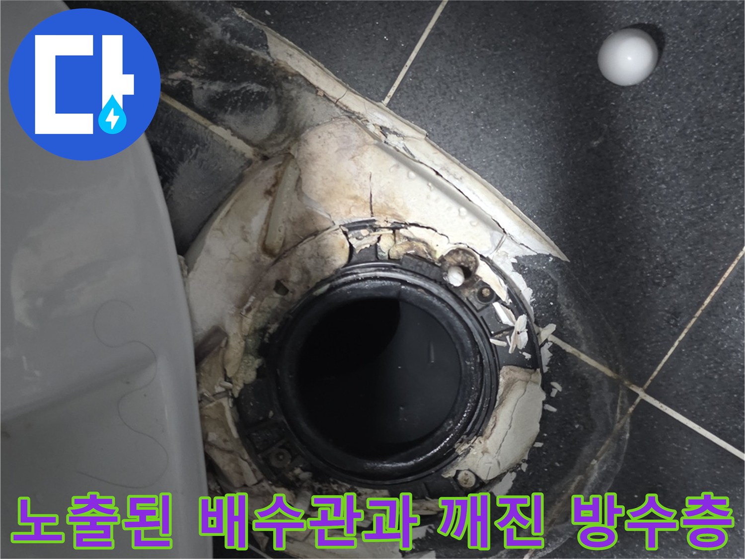 배수구 유가 제거 후 드러난 배관 주변의 파손 상태