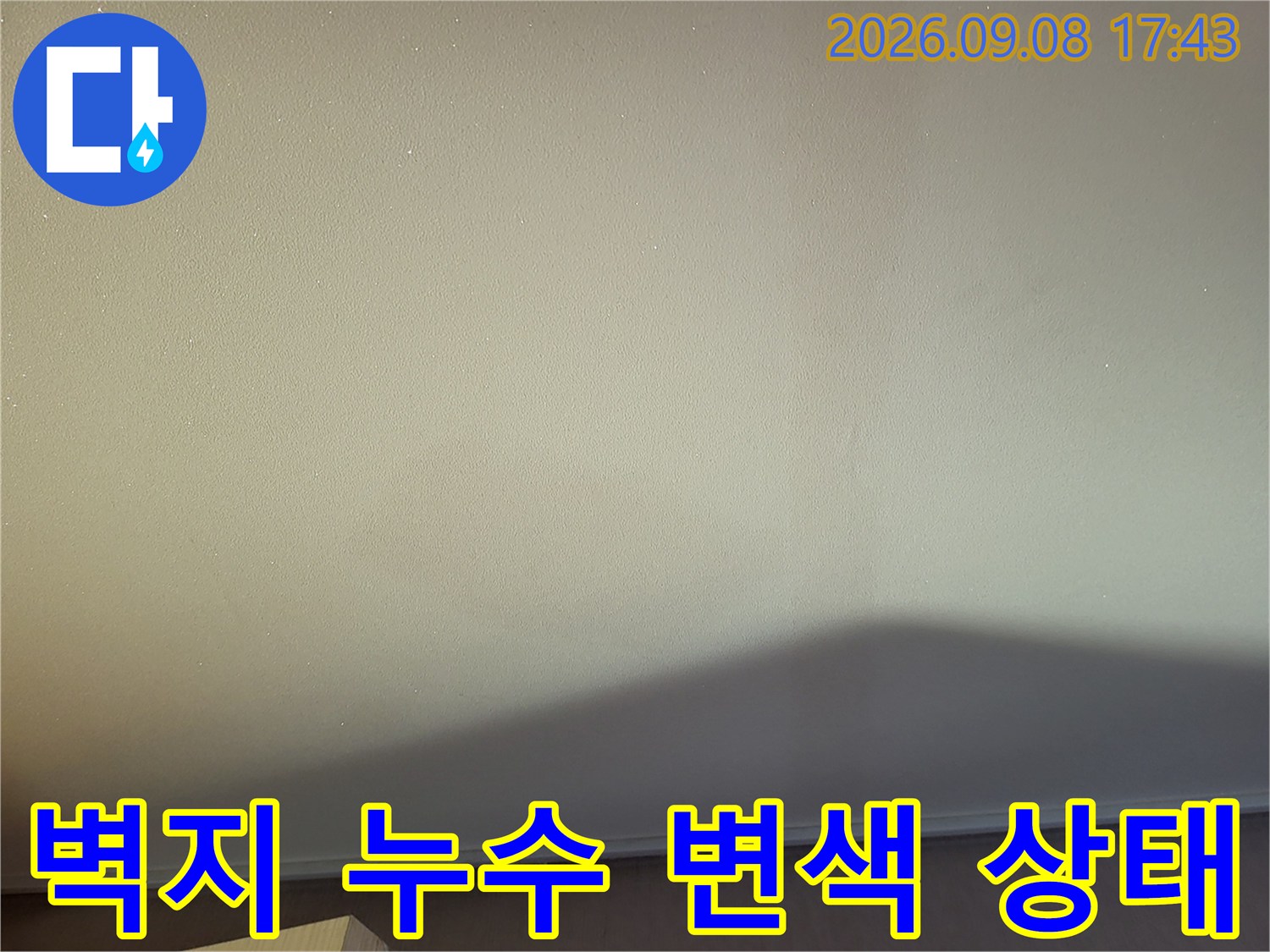 천장 벽면의 어두운 얼룩-누수로 인한 벽지 변색 부위 촬영