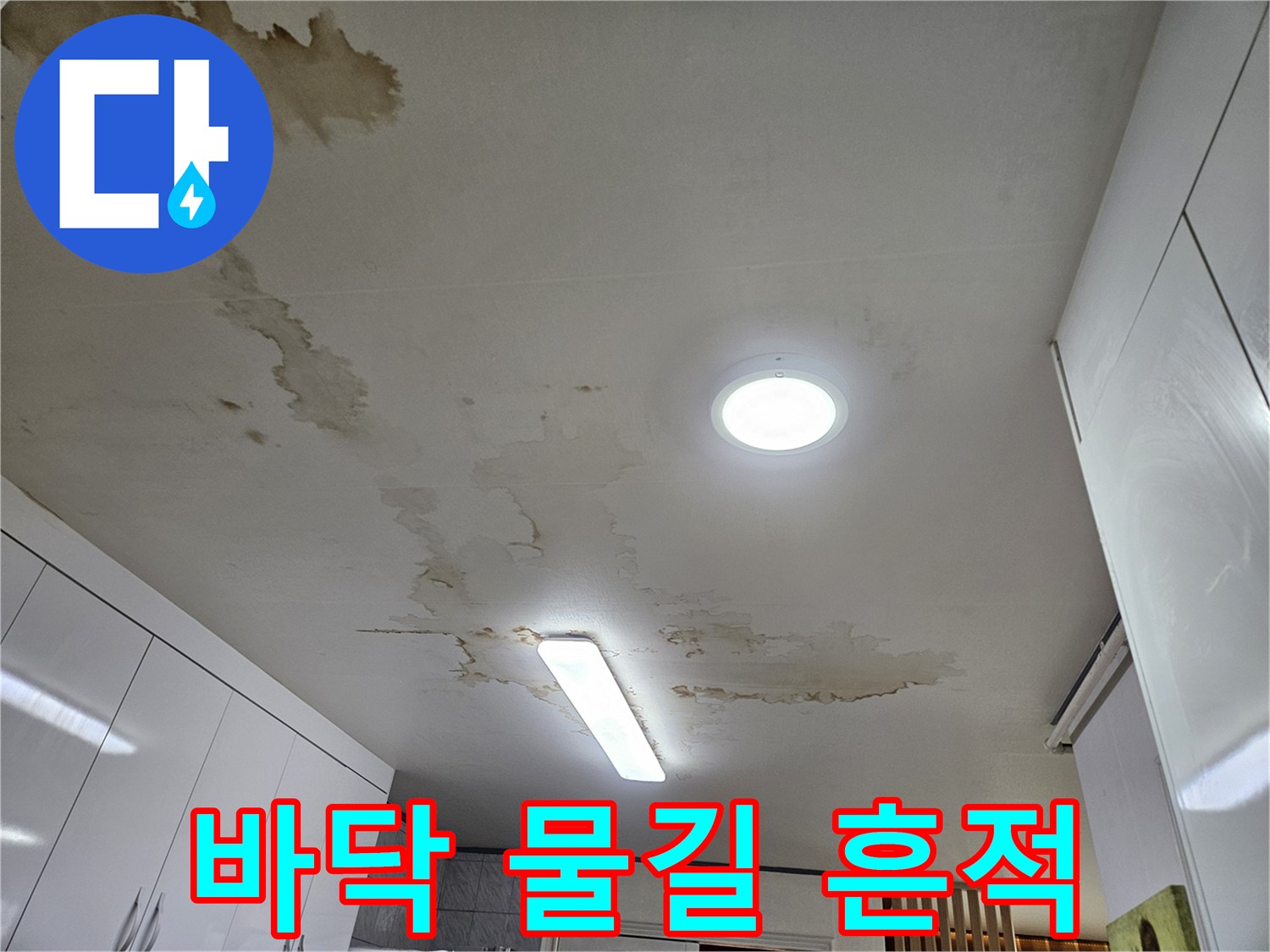 거실 바닥면을 따라 길게 형성된 누수 물길과 변색 부위