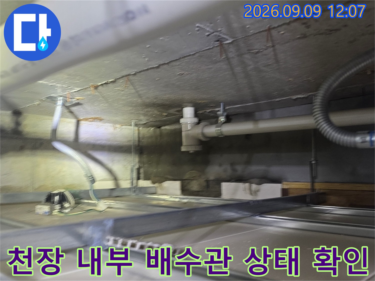 천장 안쪽의 흰색 배관과 회색 플렉시블 호스-배관 주변의 오염도 점검 중
