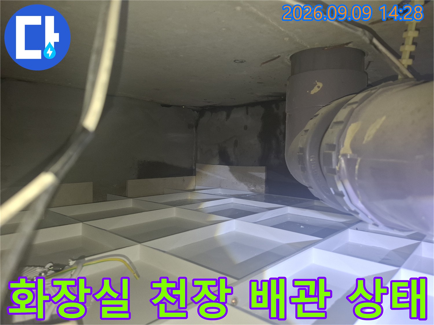 양주 삼숭동 현장의 화장실 천장 내부 배관 및 오염된 천장 상태를 보여주는 사진입니다.
