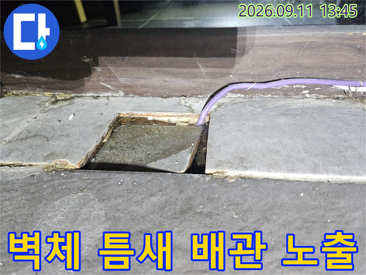 타일 사이 벌어진 공간에 위치한 보라색 배관과 내부 구조물