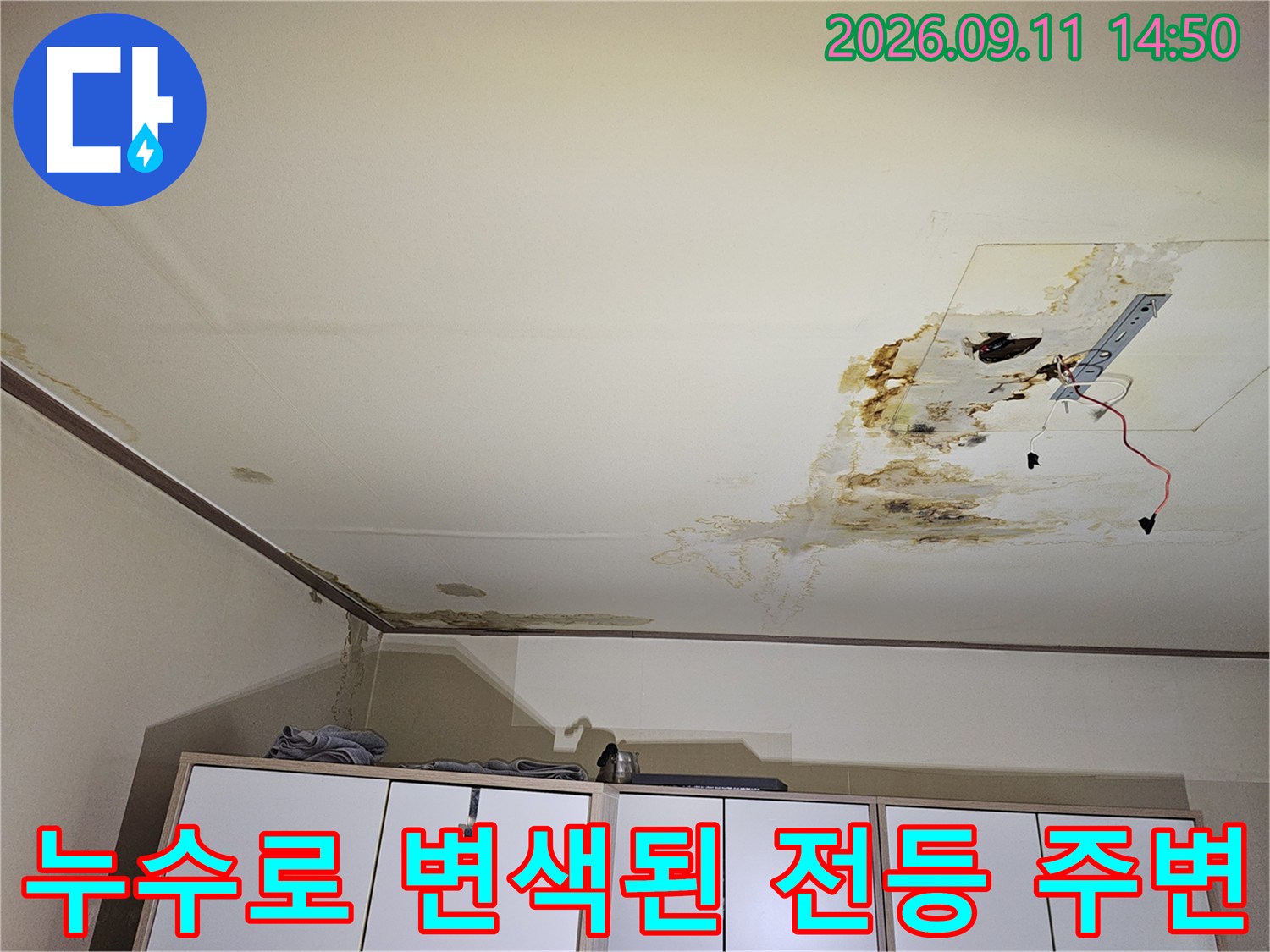천장 전등 구멍 주변의 심한 물자국과 곰패지 흔적