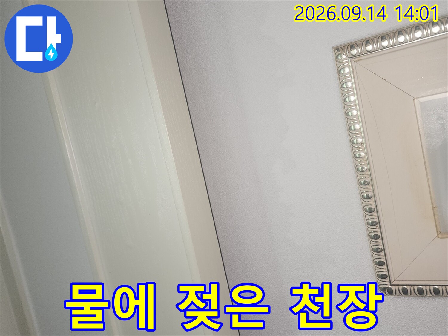 습기로 인해 색이 변한 천장 벽면-누수 피해를 입은 현장 모습