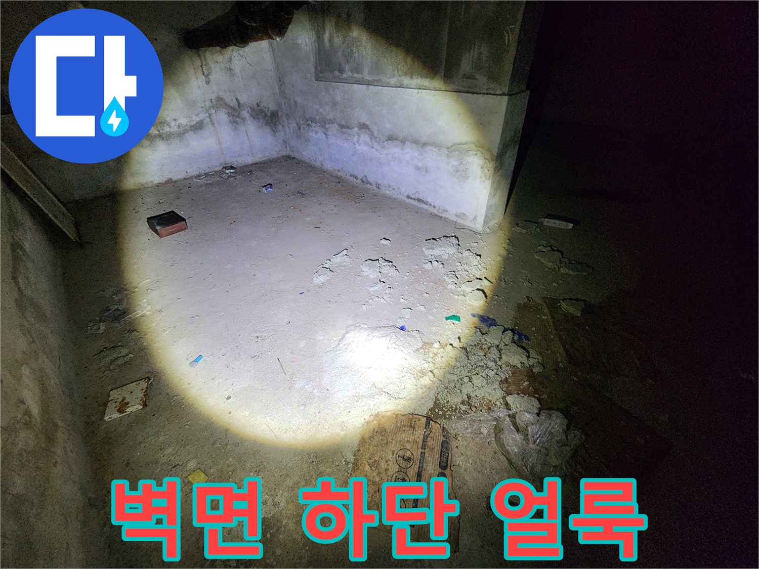 지하 공간 벽면-물샘 현상으로 인해 발생한 곰팡이와 얼룩