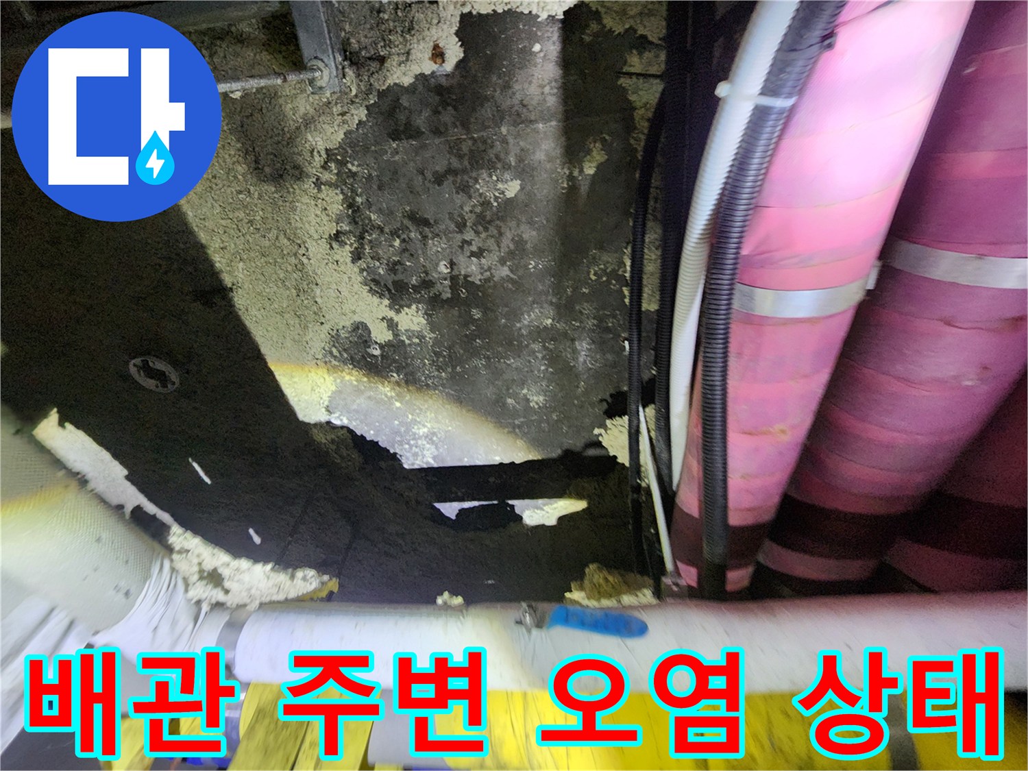 지하 창고-습기로 인해 검게 변색된 천장 콘크리트와 배관 구조
