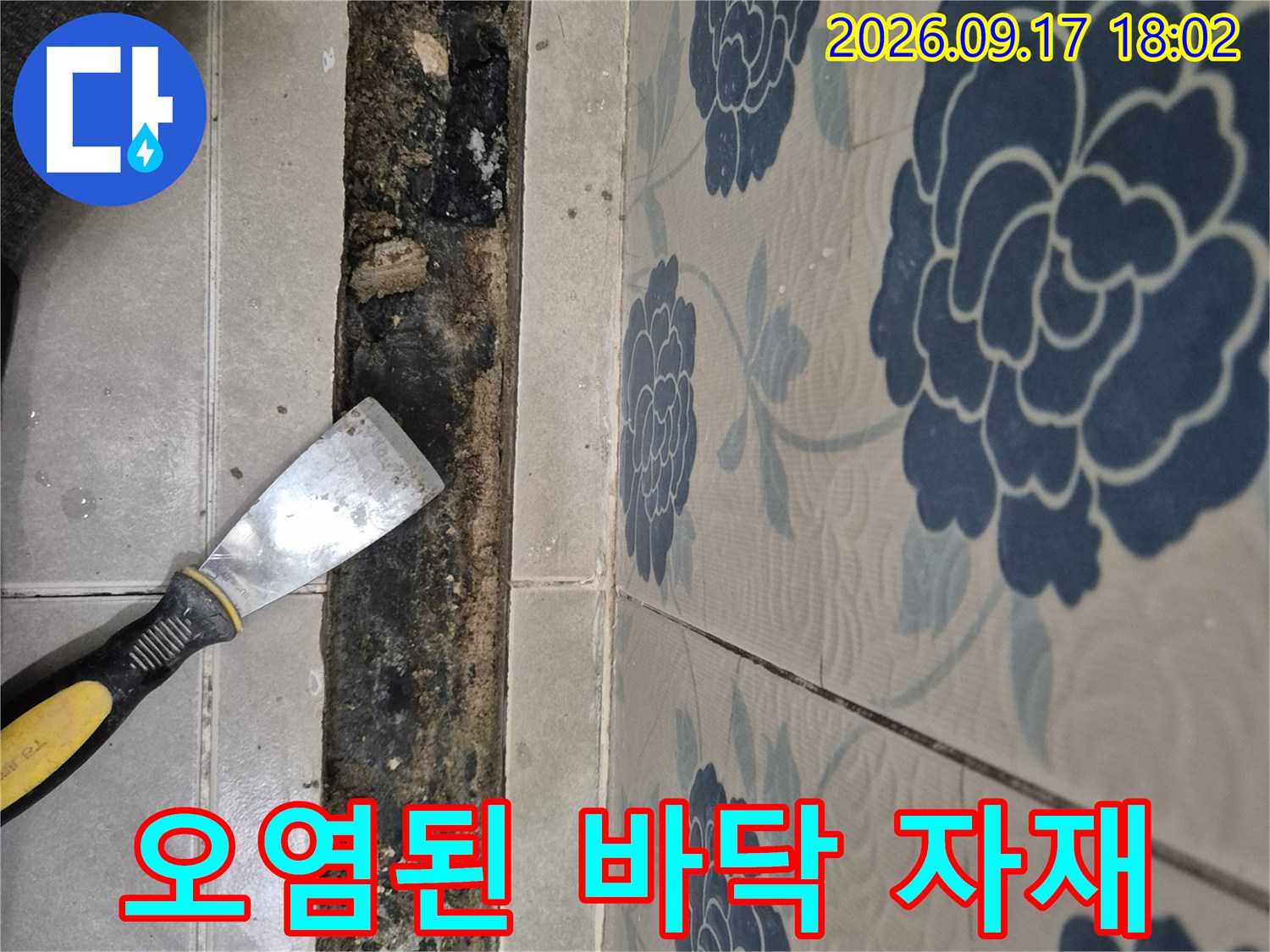 화장실 배수 트랩 주변-누수로 인해 부식되고 오염된 내부 자재